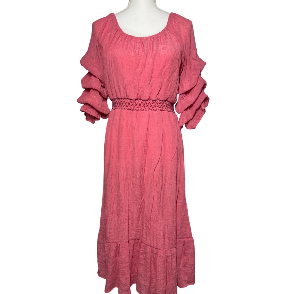 Indigo Rose Ruffle Sleeve Smocked Midi Dress L Pink Excellent Boho Cottagecore